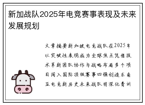 新加战队2025年电竞赛事表现及未来发展规划